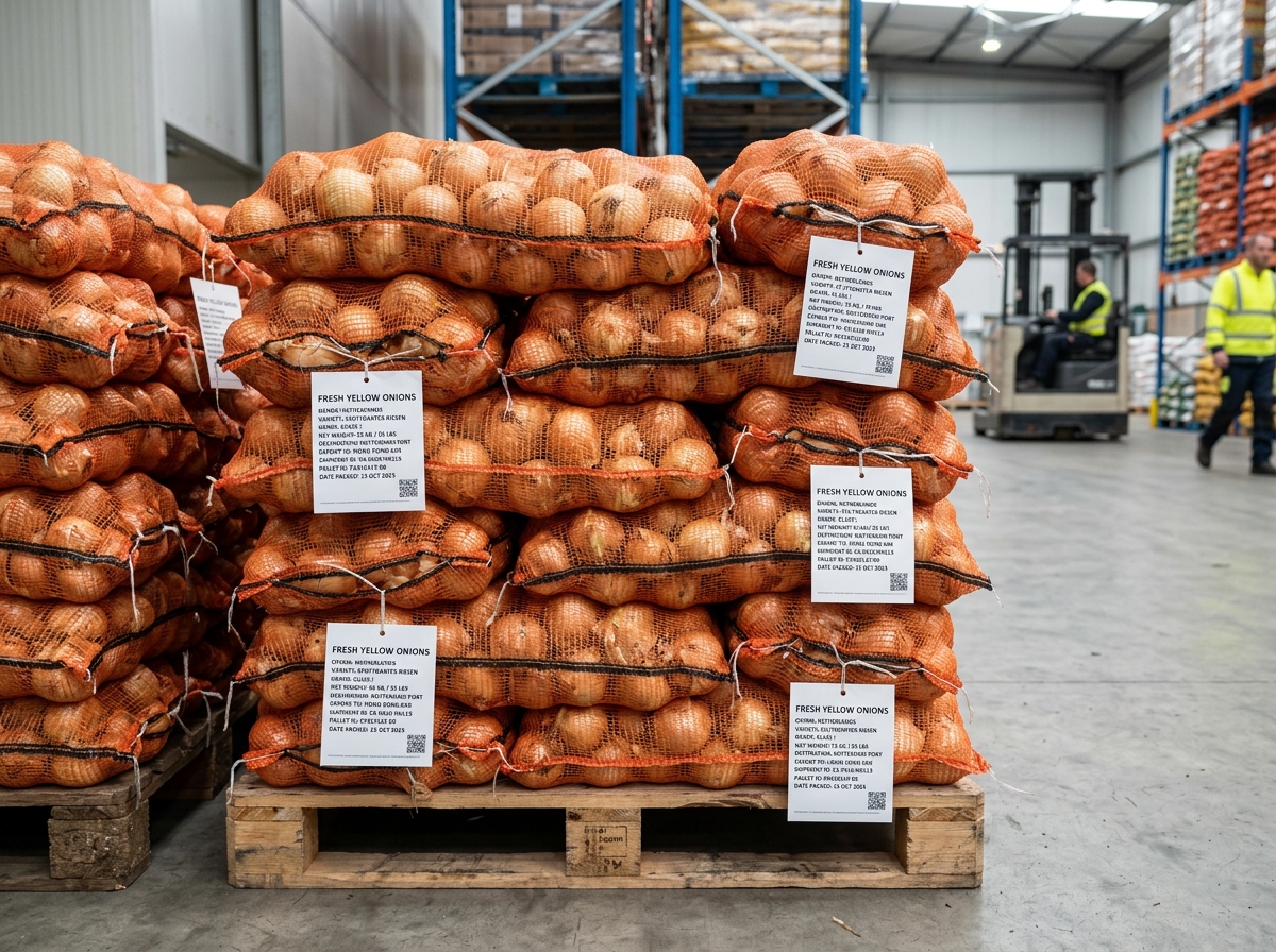 Securely stacked pallets ready for export with destination and compliance labels.