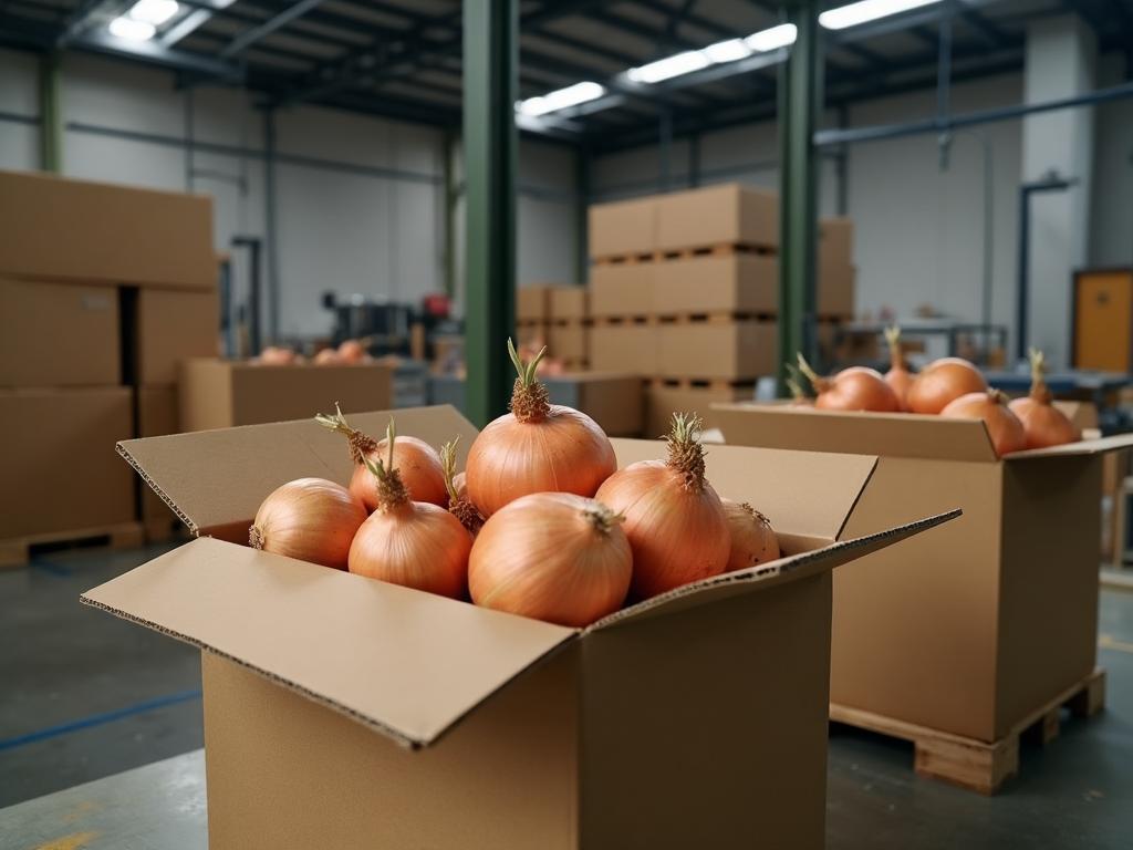 Loading graded onion mesh bags into 40ft refrigerated container units.