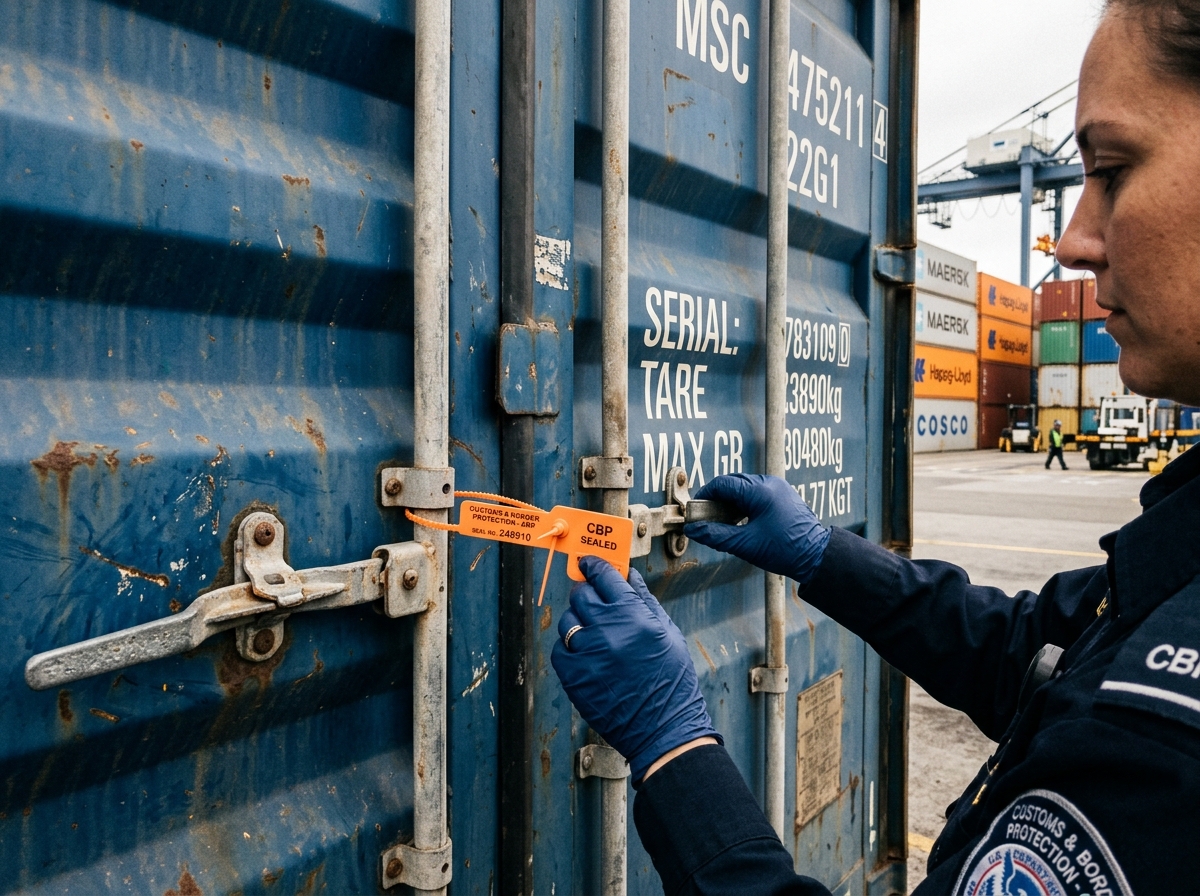 Customs clearance inspections and security seals applied before harbor transit.