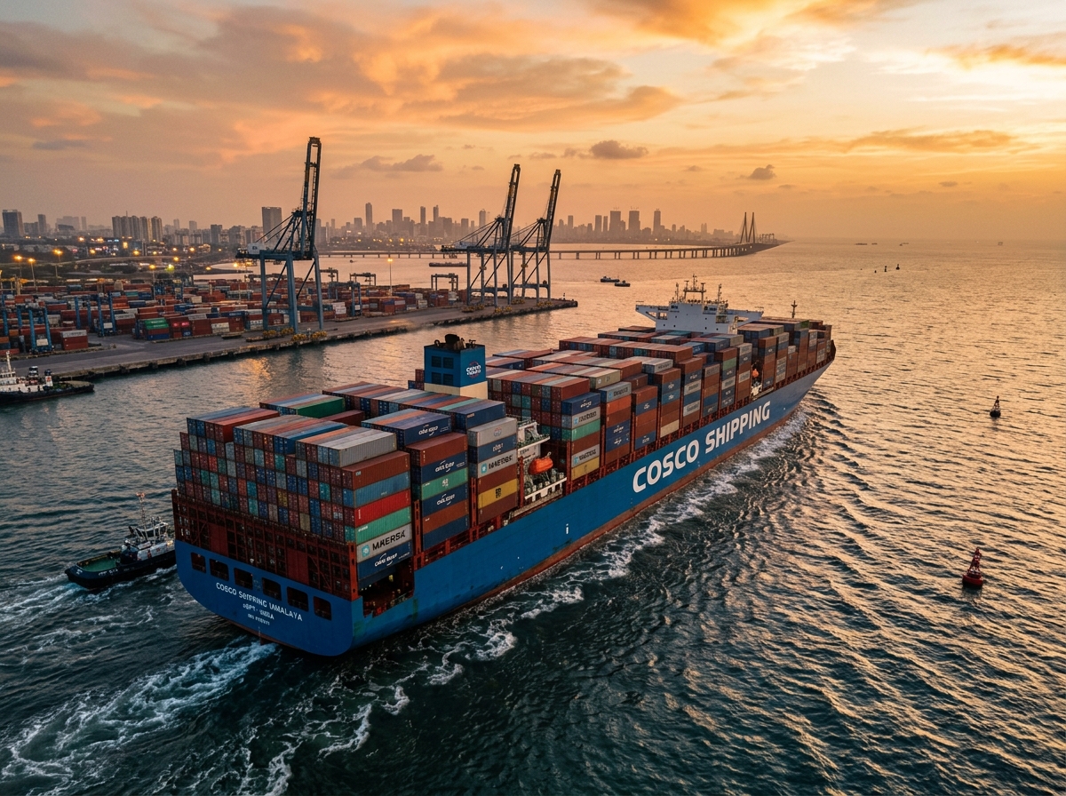 Cargo vessel departing from JNPT Mumbai carrying container cargo.